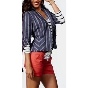 CAbi‎ Blazer Singel Breasted Work Office Blue White Linen Nautical Blazer Size 4
